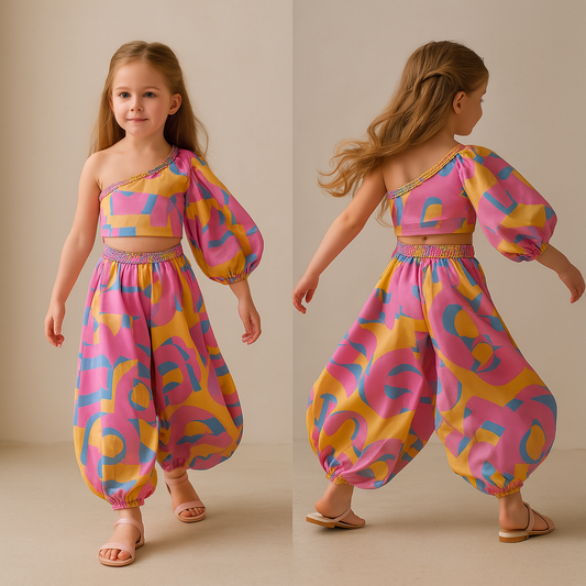 Pre Order: Abstract Printed One Shoulder Top And Cowl Pant With Matching Hair Band
