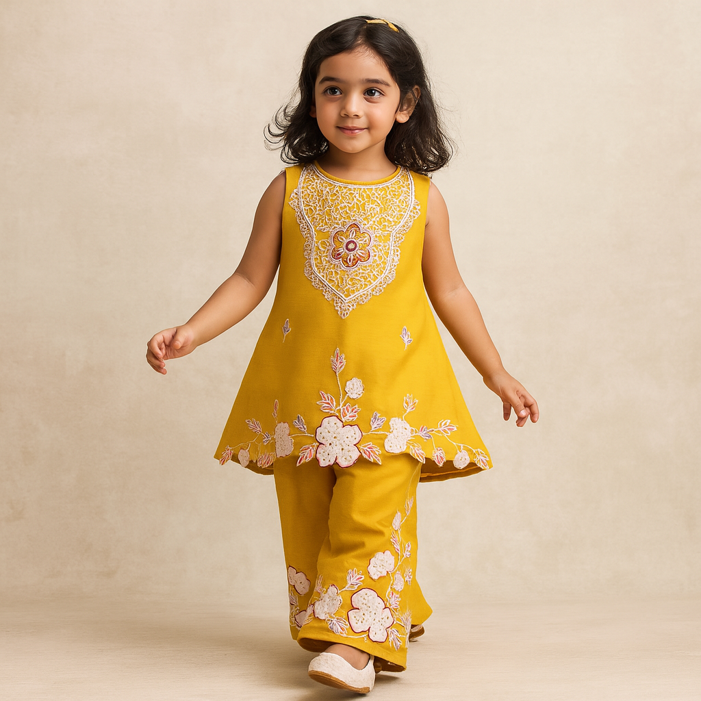 Pre Order: Beautiful Floral Embroidered Sleeveless Kurti With Palazzo