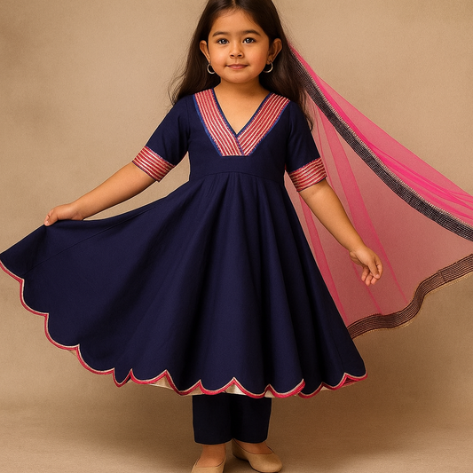 Pre Order: Royal Blue Anarkali with Pink Dupatta