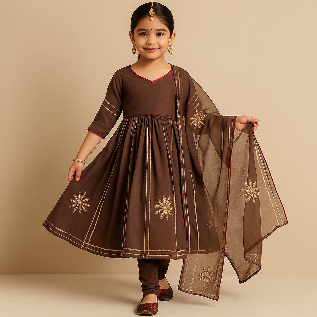 Pre Order: Brown Anarkali Gota Detailing Suit Set