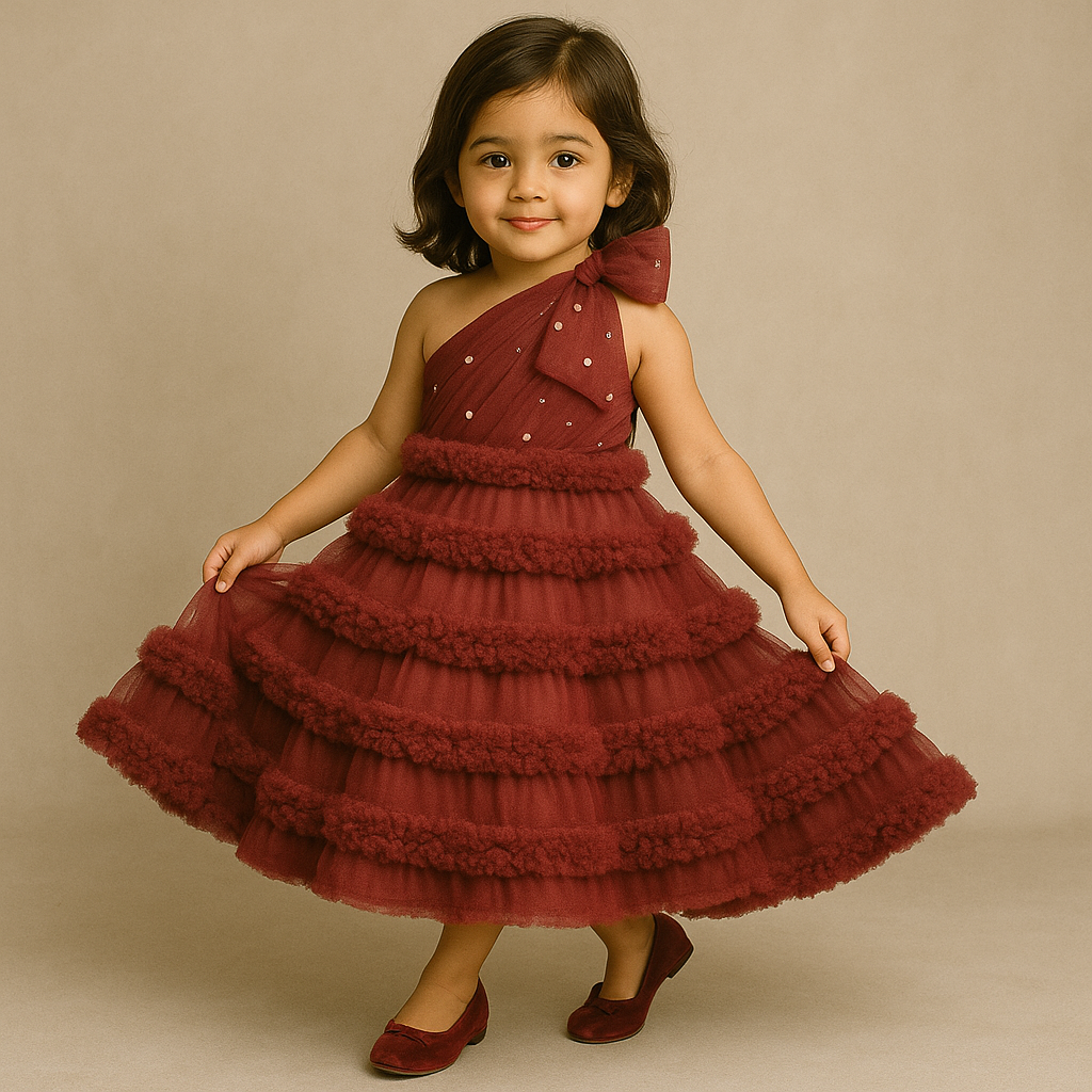Pre Order: Gorgeous Oversize Bowie Ruffled Maroon Gown