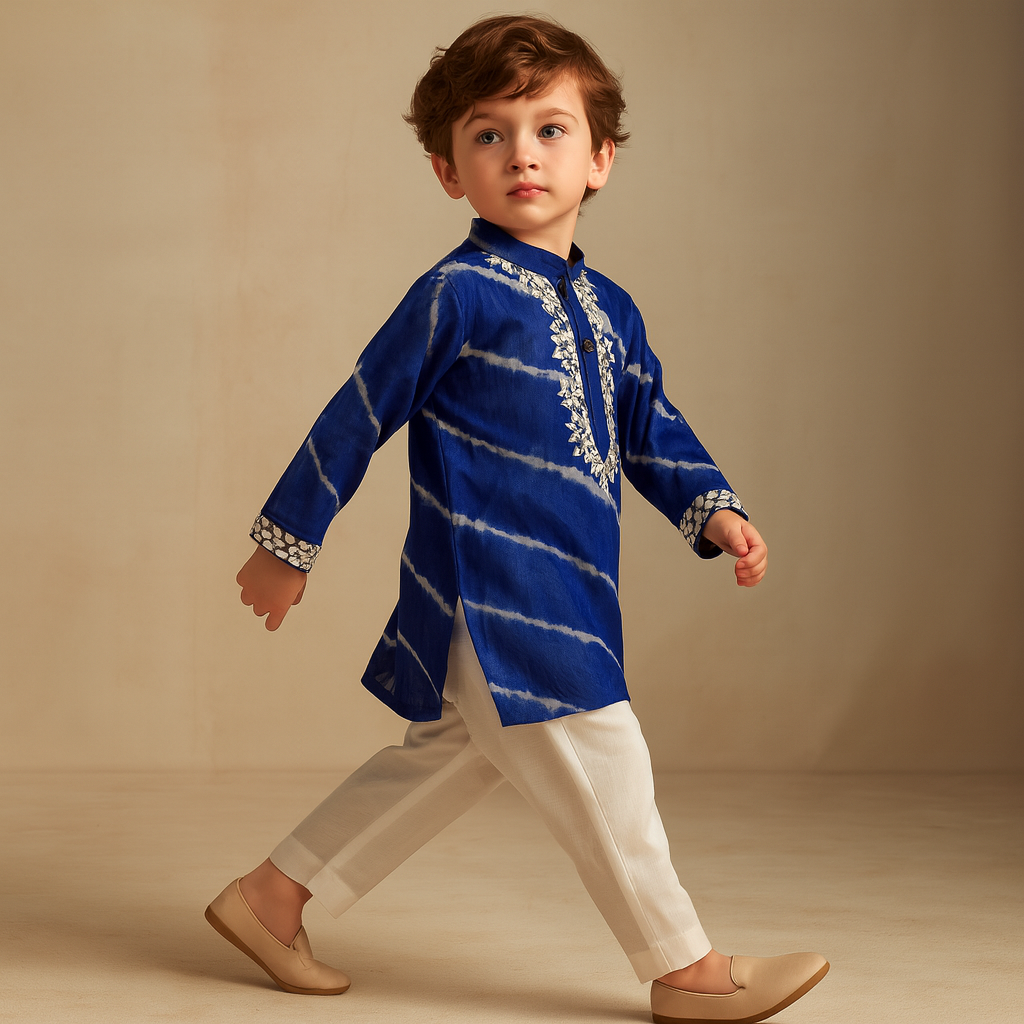 Pre Order: Blue Lehariya Striped Kurta With White Pyjama