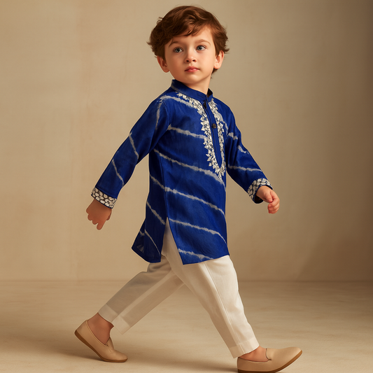Pre Order: Blue Lehariya Striped Kurta With White Pyjama