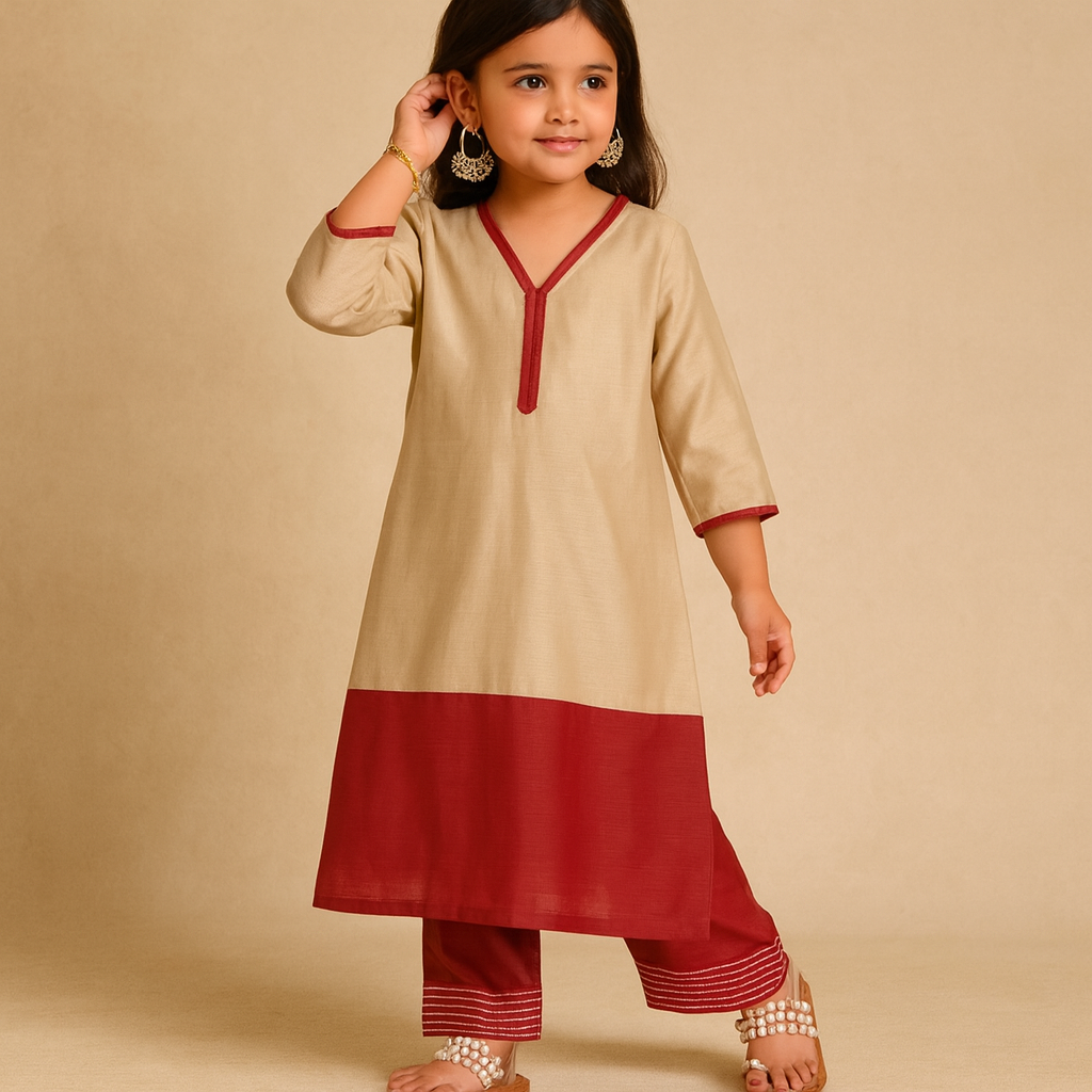 Pre Order: Beige And Red Suit Set