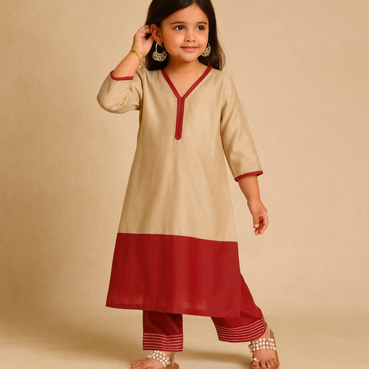 Pre Order: Beige And Red Suit Set