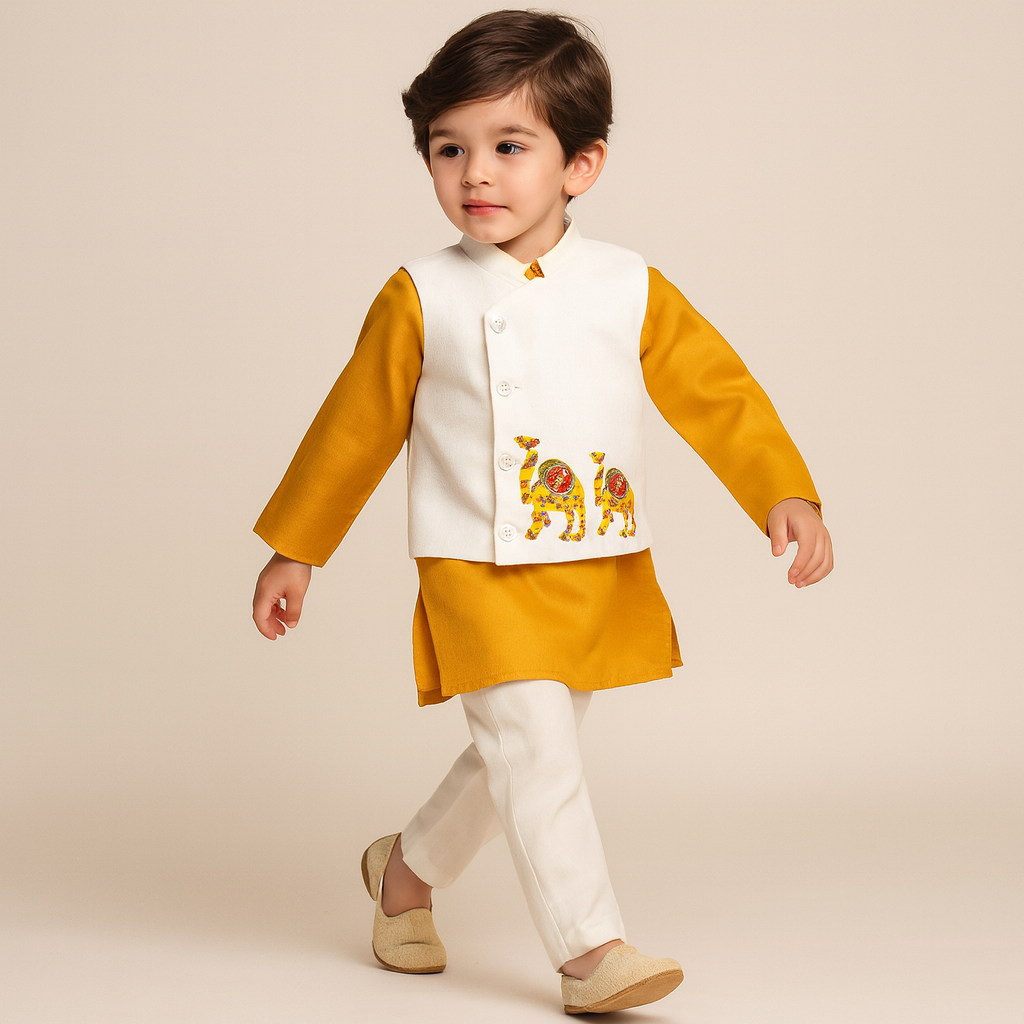 Pre Order: Mustard Kurta With Camel Embroidered Jacket And Pyjama