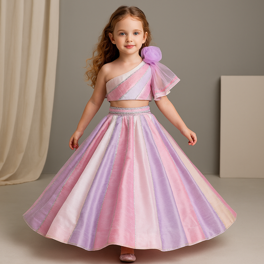 Pre Order: Colour Blocked Multicoloured Top With Lehenga And Dupatta