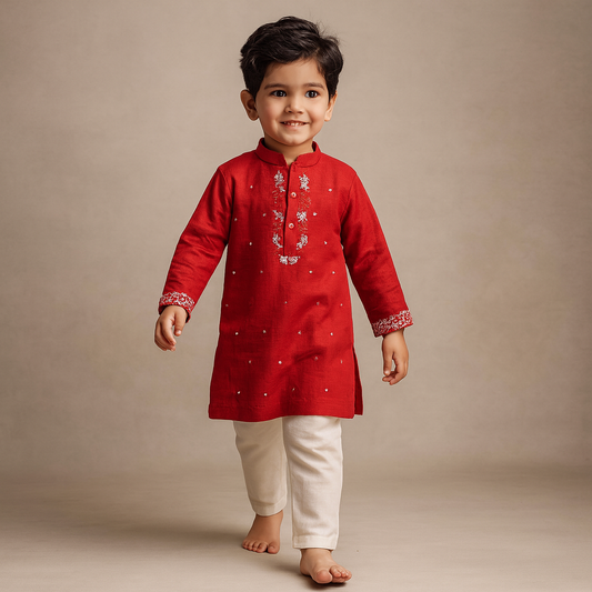 Pre Order: Red Sequin Embroidered Beaded Kurta With Pyjama