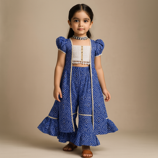 Pre Order: Bandhani Printed Stylish Blue Top And Sharara