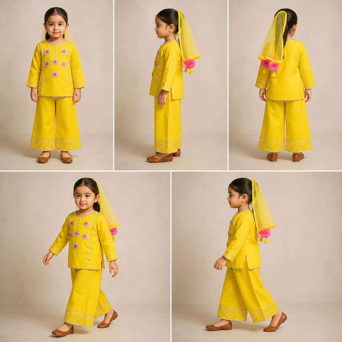 Pre Order: Yellow Gota Work Kurti With Palazzo And Dupatta