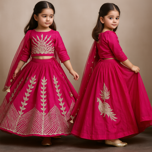 Pre Order: Pleated Neckline Pink Gota Work Top And Scalloped Hem Lehenga With Organza Dupatta