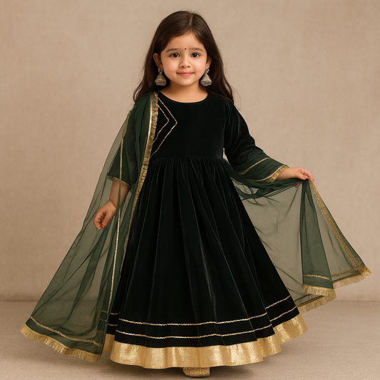 Pre Order: Bottle Green Velvet Anarkali Suit Set