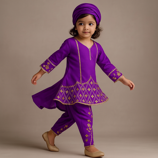 Pre Order: Purple Beautiful Gota Work Top And Dhoti Style Pant With Matching Dupatta