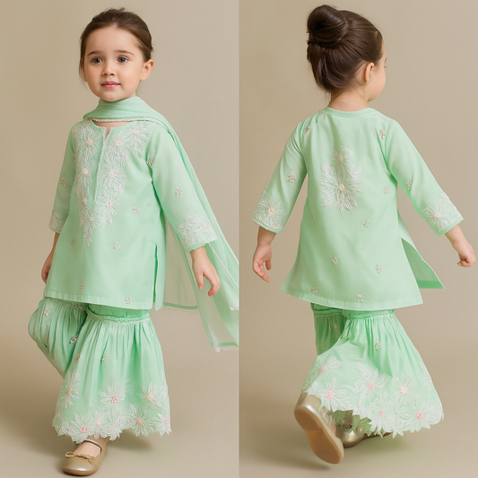 Pre Order: See Blue Front Placket Kurti And Pleated Sharara With Net Dupatta