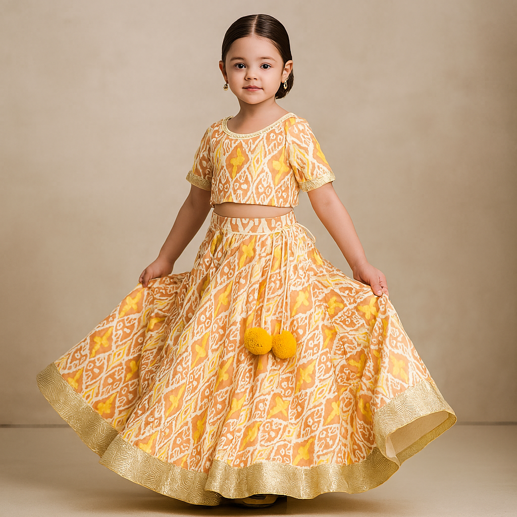 Pre Order: Yellow Printed Top And Lace Work Lehenga And Dupatta