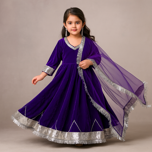 Pre Order: Purple Velvet Anarkali With Net Dupatta Suit Set