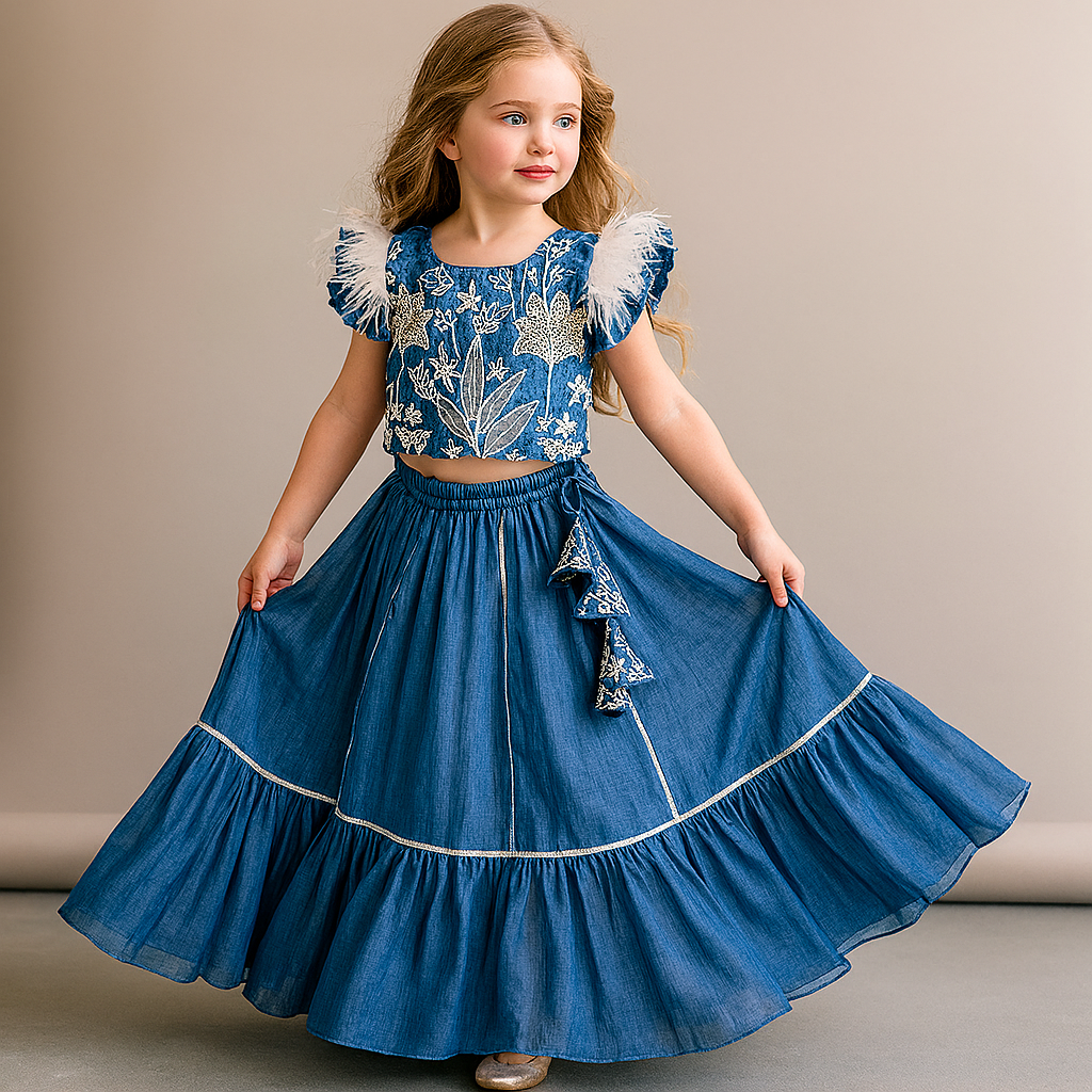 Pre Order:Ethnic Sequins And Embroidered Top With Frilly Hem Lehenga