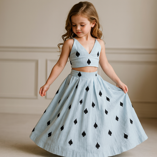 Pre Order: Spade Embroidered Stylish Tie Knot Strap Blue Top And Lehenga