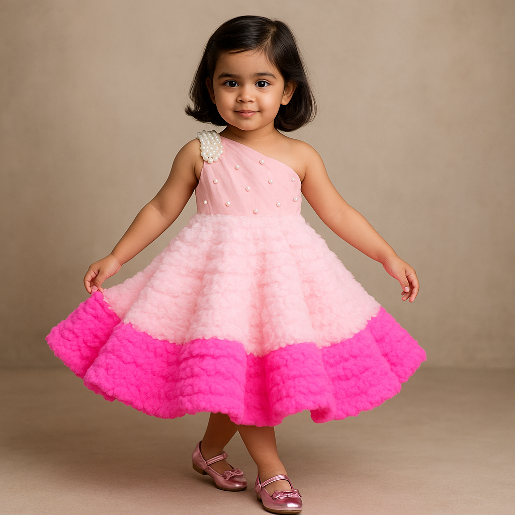 Pink One Shoulder Pearly Ruffled Gown With Attached Drape