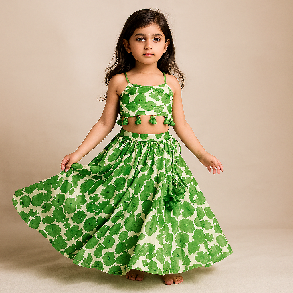 Pre Order: Green Printed Strappy Crop Top With Lehenga