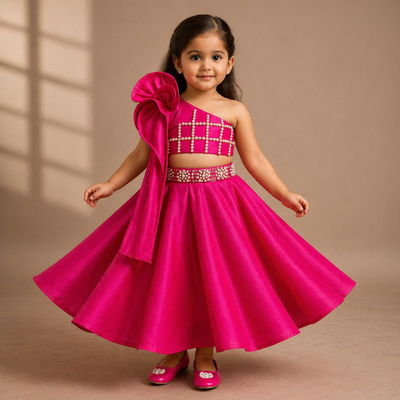 One Shoulder Swirl Enhanced Pink Top With Lehenga