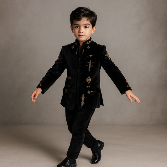 Pre Order: Black Velvet Embroidered Sherwani And Pant