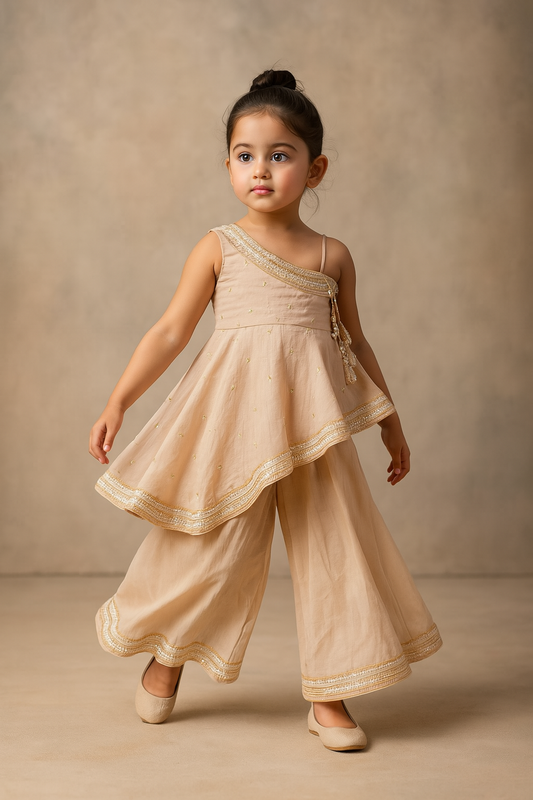 Pre Order: Embroidered One Shoulder Kurti With Flared Palazzo