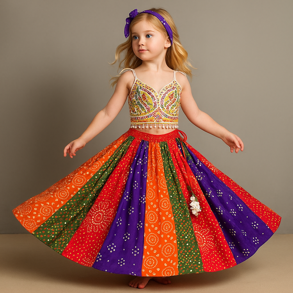 Pre Order: Beautiful Mirror Hand Embroidered Tie-up Top With Multicolour Bandhani Printed Lehenga