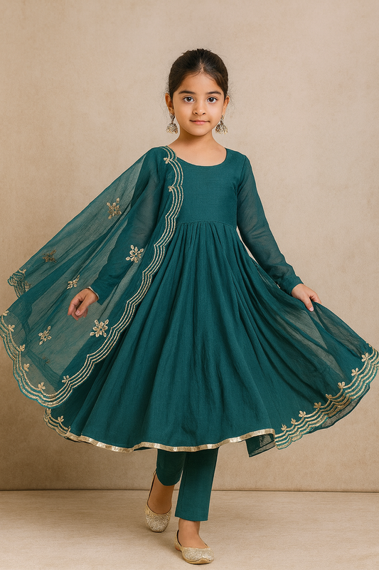 Pre Order : Green Embroidered Anarkali with Dupatta