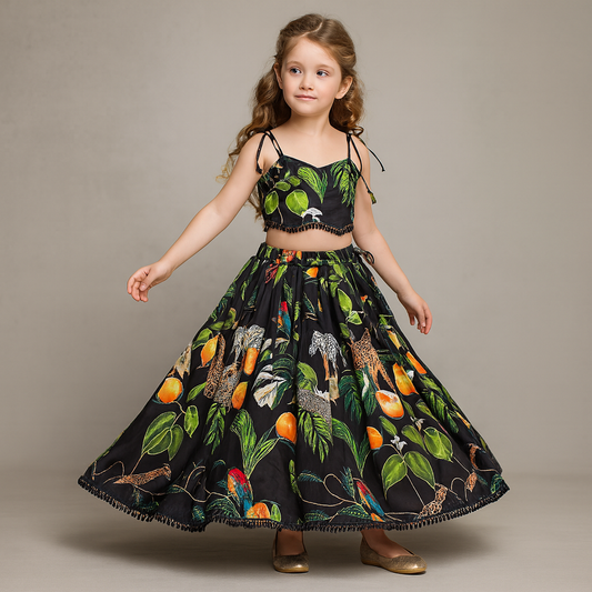 Pre Order: Black Tropical Print Strappy Top With Lehenga