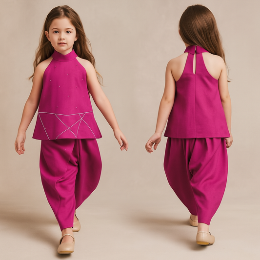 Pre Order: Pink Halter Neck Red Short Kurti And Tulip Dhoti Pant