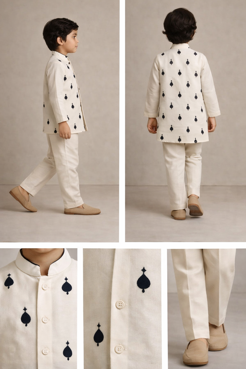 Pre Order: Thread Detailed Off White Kurta With Open Jacket And Pyjama