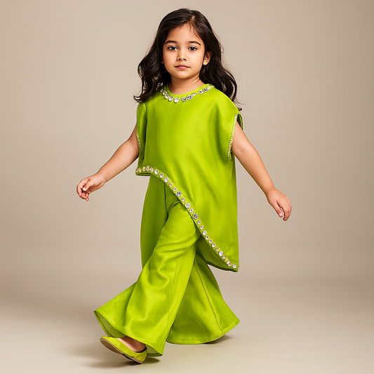 Pre Order: Parrot Top With Asymmetric Stylish Cape And Palazzo