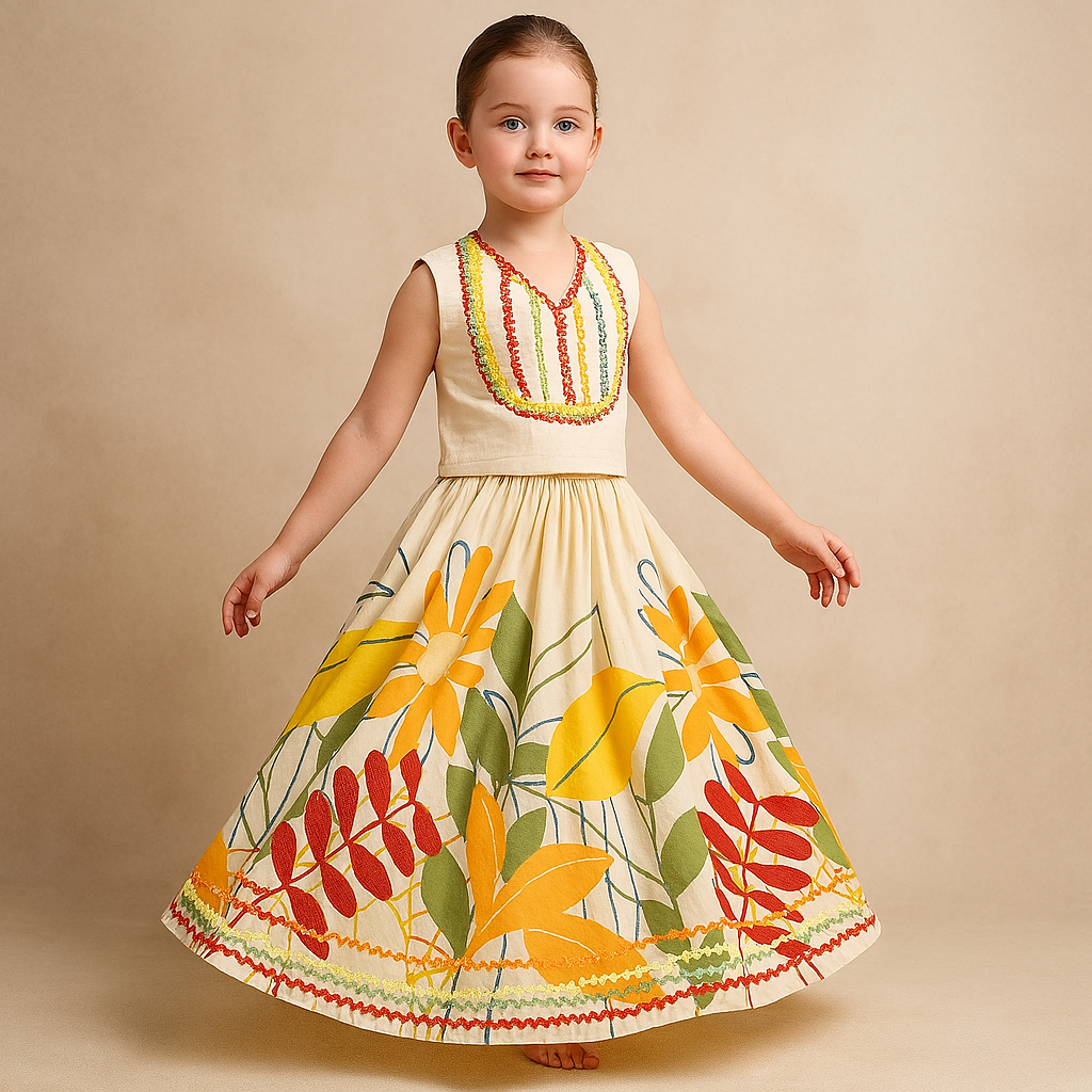 Pre Order: Multicolour Lace Detailed Top And Printed Lehenga