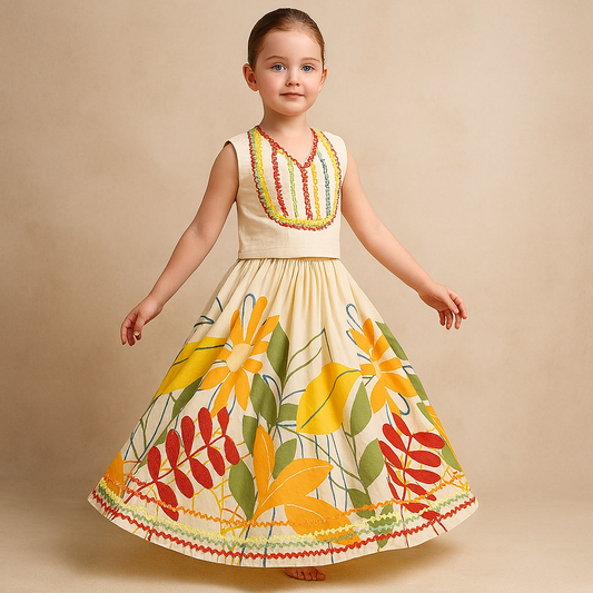 Pre Order: Multicolour Lace Detailed Top And Printed Lehenga