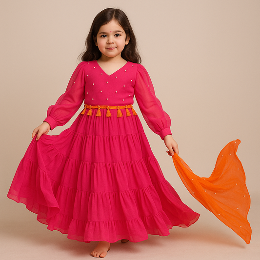 Pre Order: Rani And Orange Magic Tassels Details Georgette Lehenga Set