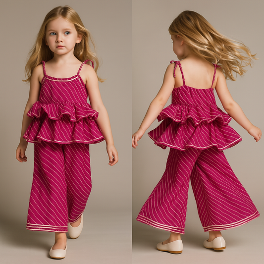 Pre Order: Leheriya Printed Pink Tie-Up Straps Kurti And Flared Palazzo