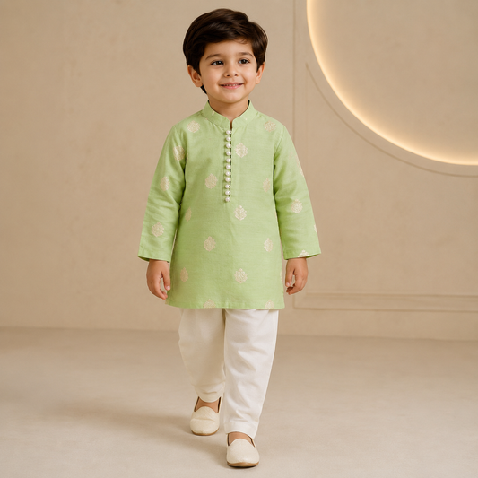 Pre Order: Brocade Green Kurta And Pyjama