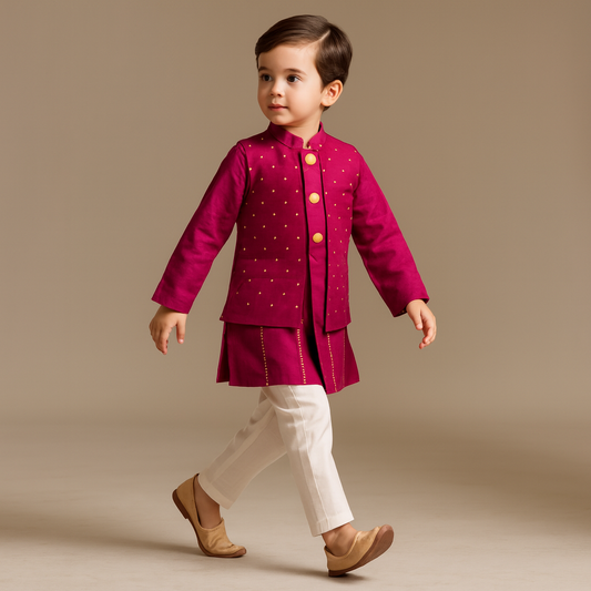 Pre Order: Pink Kurta With Polka Dots Embroidered Jacket And Pyjama