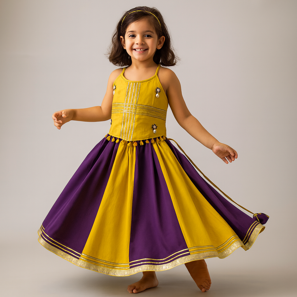 Pre Order: Mirror Work Halter Neck Top And Colour-Block Lehenga