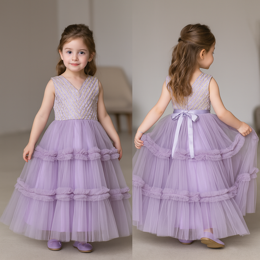 Pre Order: V Neck Sleeveless Lavender Top And Ruffle Frilly gown