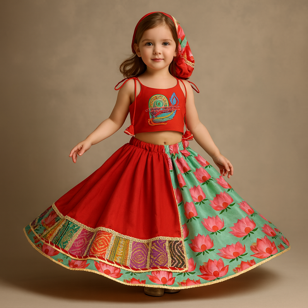 Pre Order: Red Embroidered Strappy Top With Lehenga And Dupatta