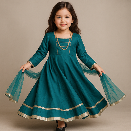 Pre Order:Hiba Rama Green Silk Anarkali Set