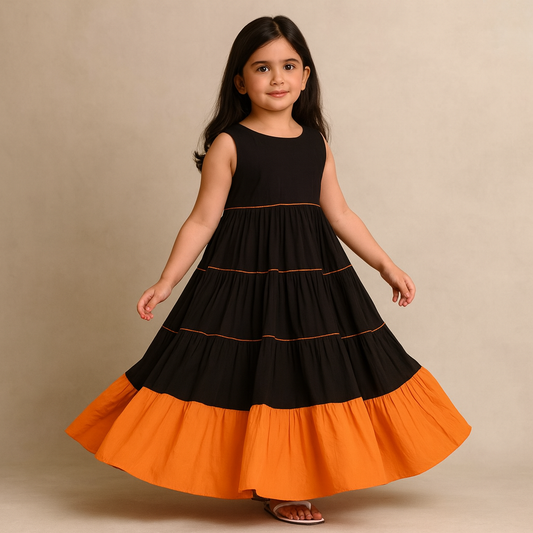 Pre Order: Black And Orange Cotton Dress