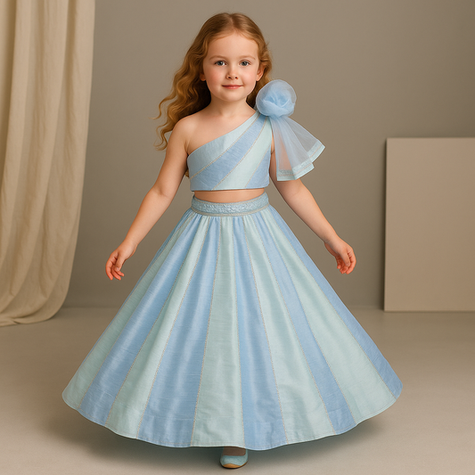 Pre Order: Colour Blocked Multicoloured Top With Lehenga And Dupatta