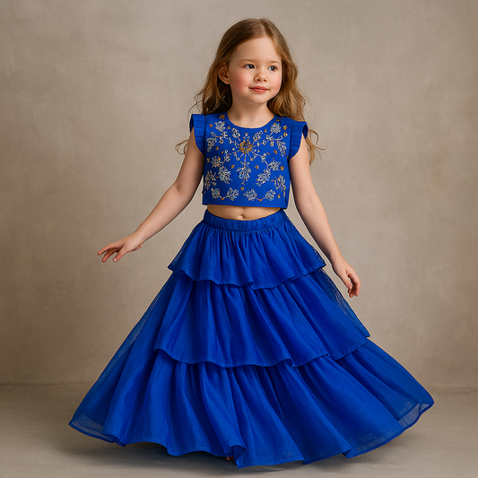 Pre Order: Charming Floral Cut Dana Embroidered Blue Top And Multi Layered Ruffle Lehenga