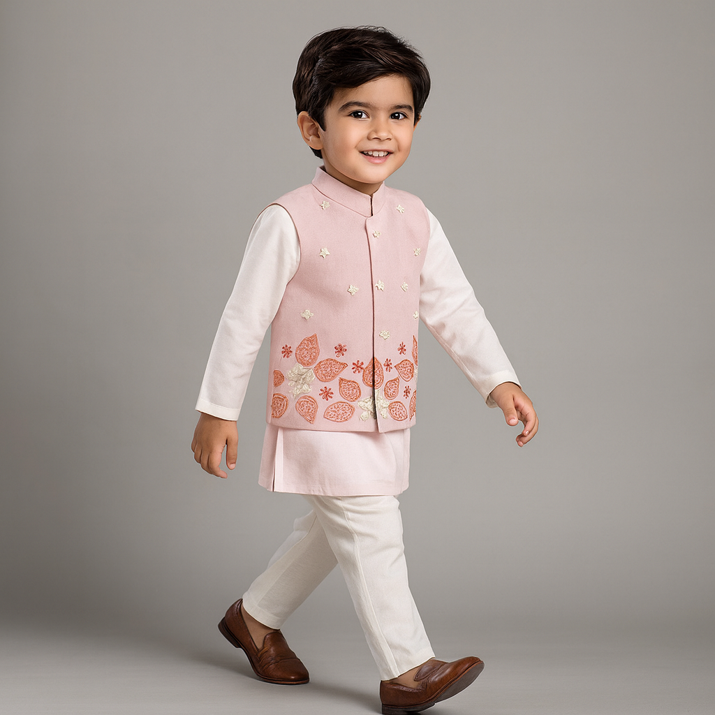 Pre Order: Pink Kurta With Hand Embroidered Jacket And Pyjama