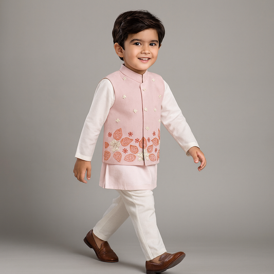 Pre Order: Pink Kurta With Hand Embroidered Jacket And Pyjama