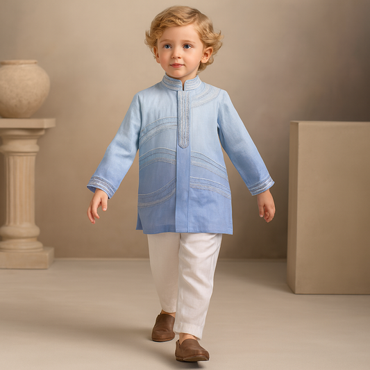 Pre Order: Blue Ombre Kurta With Front Open Embroidered Ombre Jacket And Pyjama