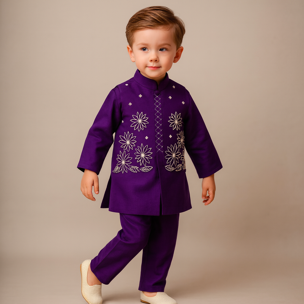 Pre Order: Silk Mandarin Collar Purple Kurta With Open Jacket And Pyjama